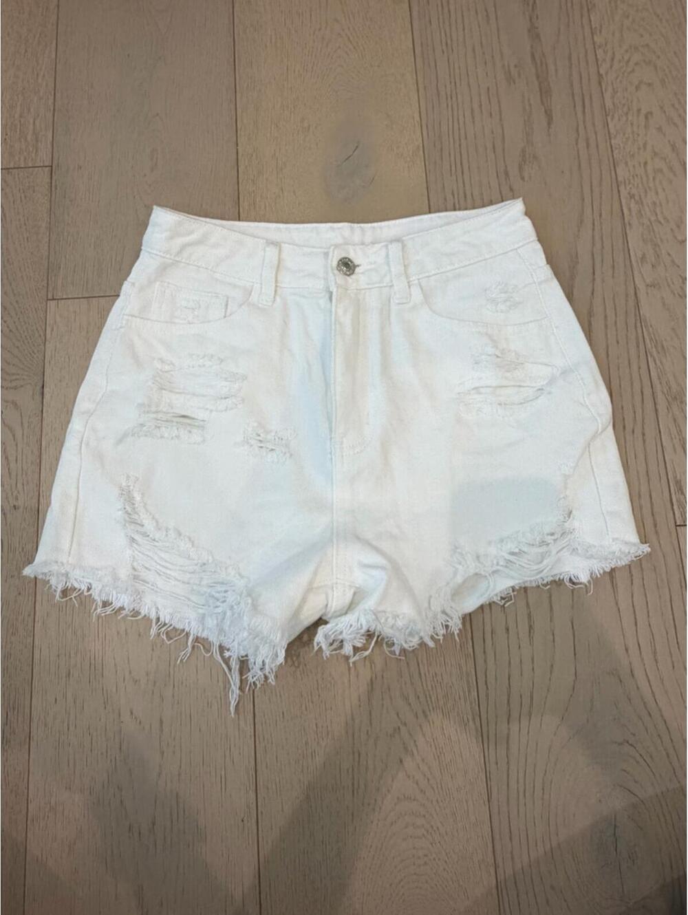 SHEIN White Distressed High-Rise Denim Shorts